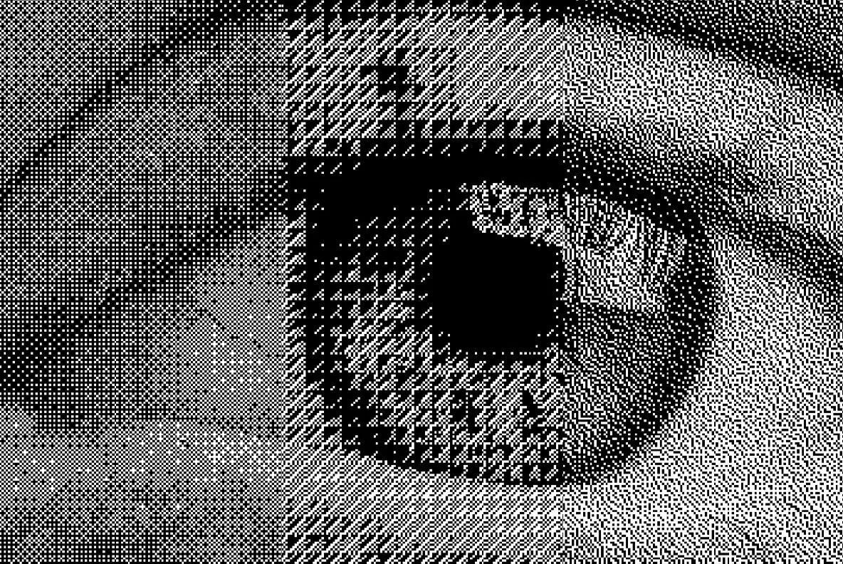 A human eye rendered as a coarse black-and-white dither, close enough to see the pixels