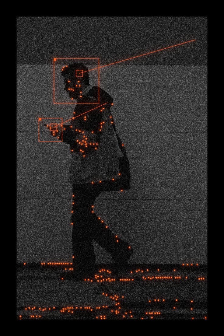 Grainy surveillance frame of a walking figure overlaid with orange detection boxes and tracking points