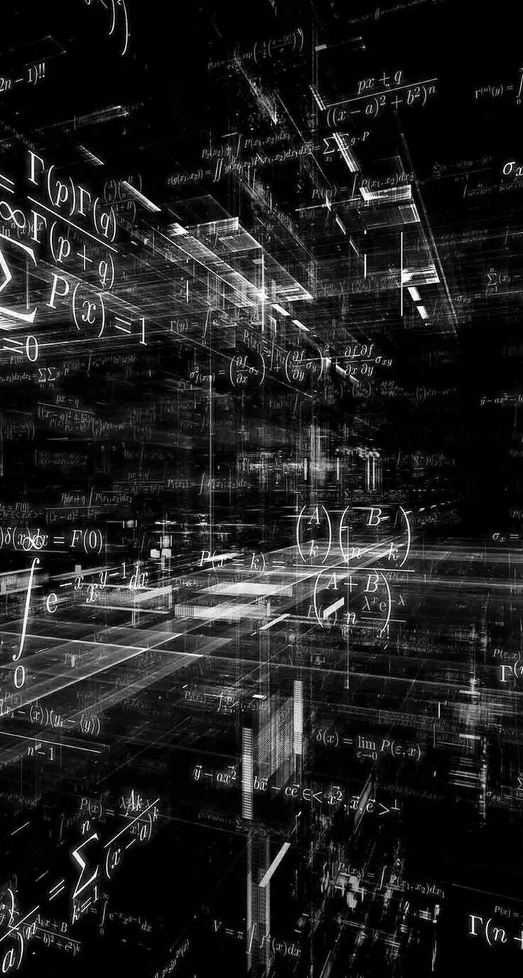 Dense white mathematical notation receding into a black perspective field, like a corridor of equations